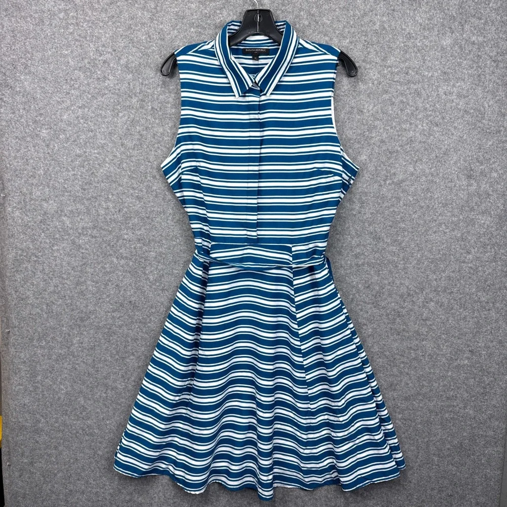 Banana Republic Womens Blue White Striped Sleeveless Shirt Dress Sz 12 Tie Waist